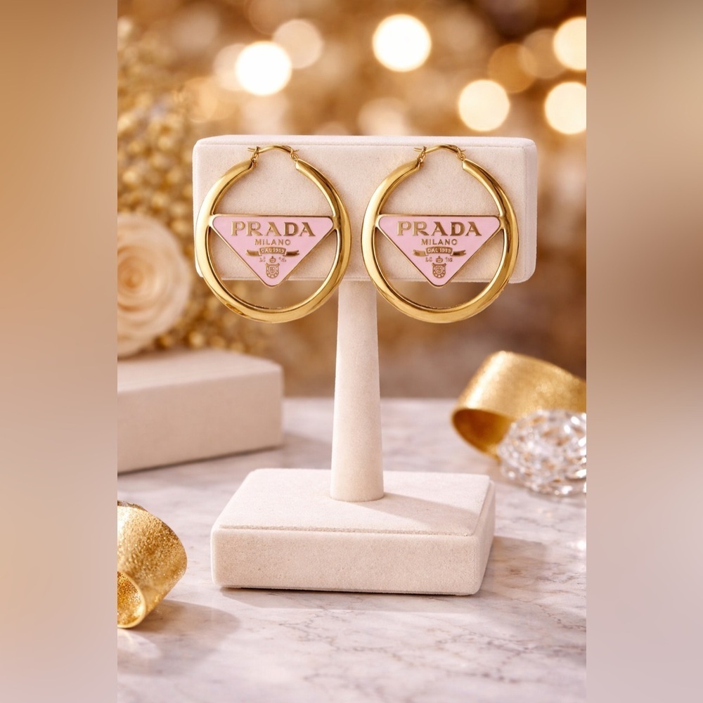 18K Gold & Pink Luxury Hoop Earrings - Picture 3 of 3